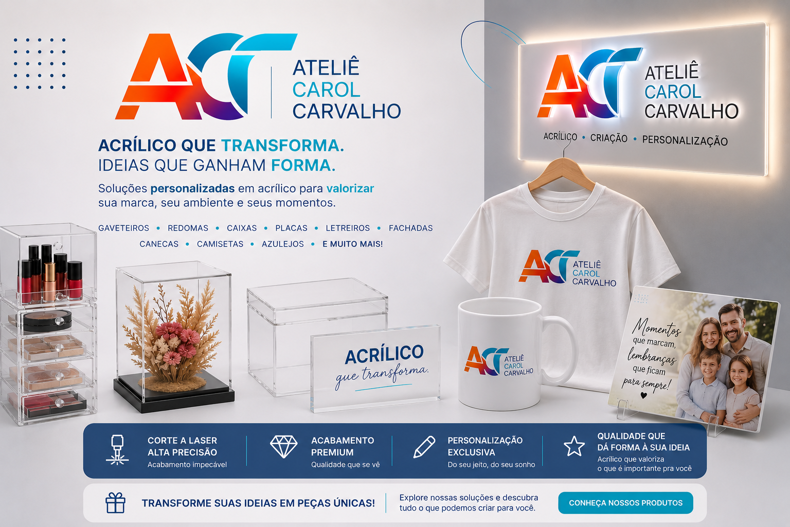 Peças personalizadas em acrílico e brindes do Ateliê Carol Carvalho